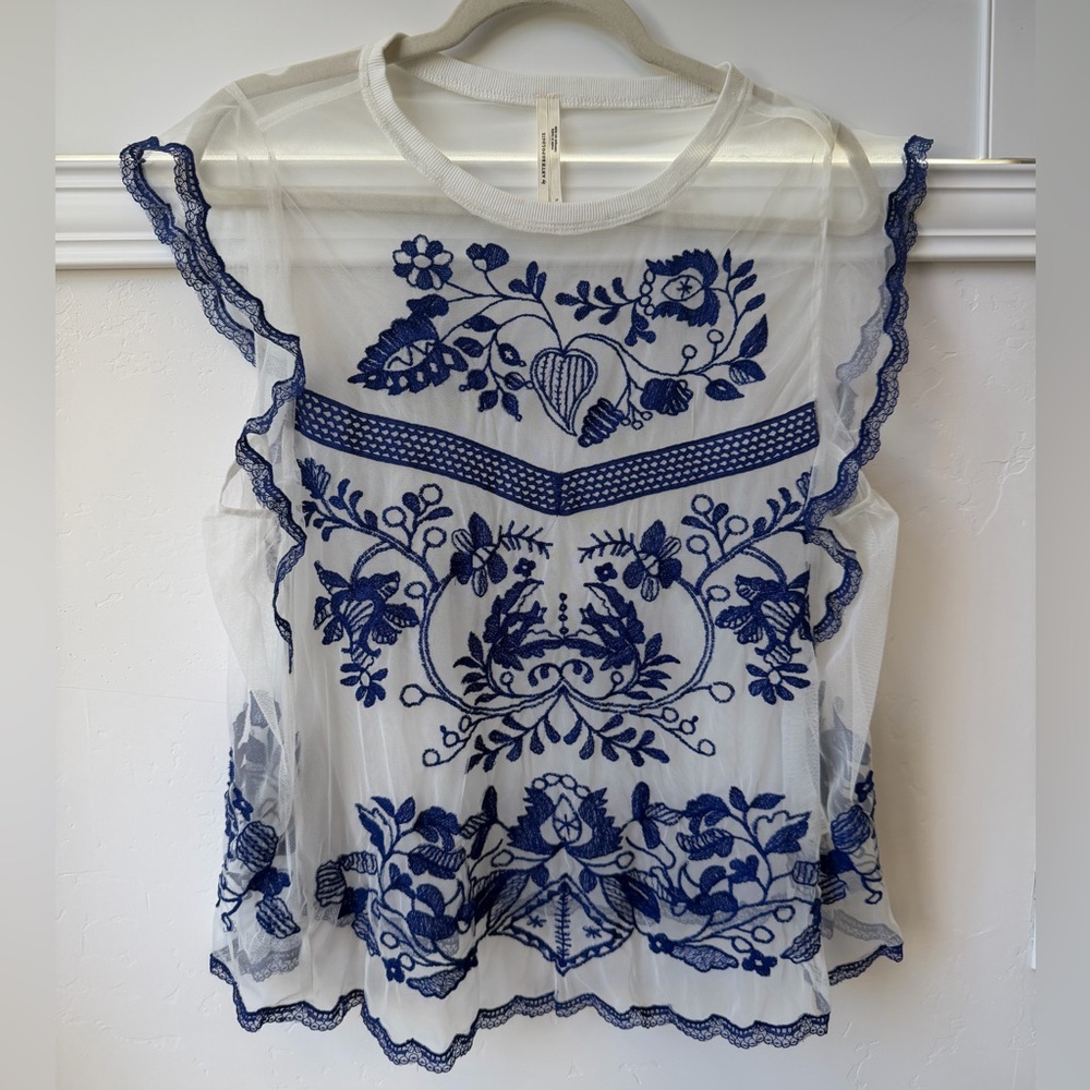 Anthropologie Blue White Embroidered Sheer Mesh Ruffle Top Size L